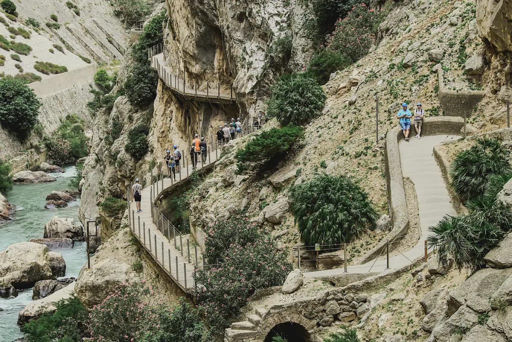 Caminito del Rey walkway seen from above along steep cliffs in El Chorro